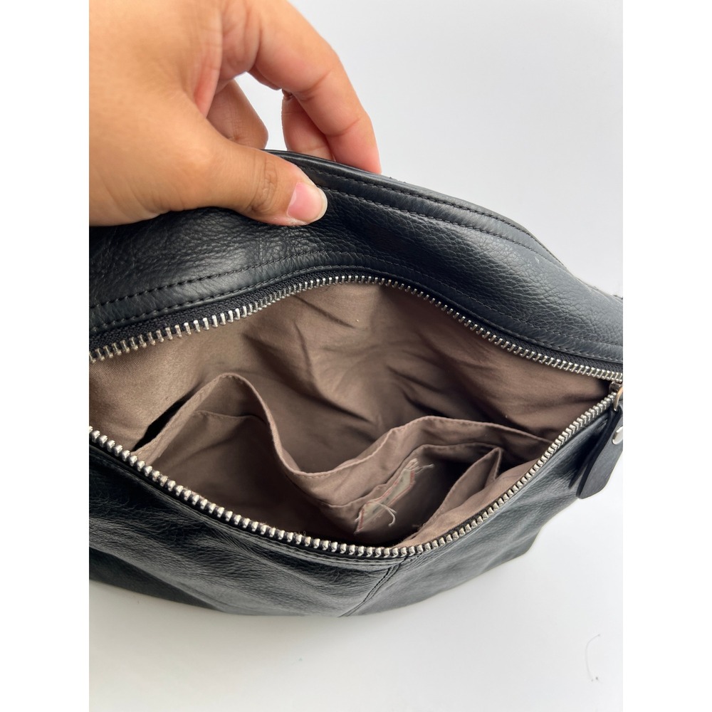 Margot Black Pebbled Leather Crossbody Bag Foldover Zip Top Minimalist Messenger - Picture 7 of 8